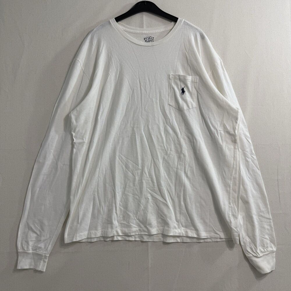 Polo Ralph Lauren Mens L White Long Sleeve Pocket T-Shirt Navy Blue Pony Logo